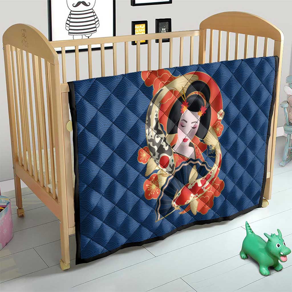 Japanese Geisha Koi Fish Quilt Cherry Blossoms Blue Seigaiha Pattern - Polynesian Pride