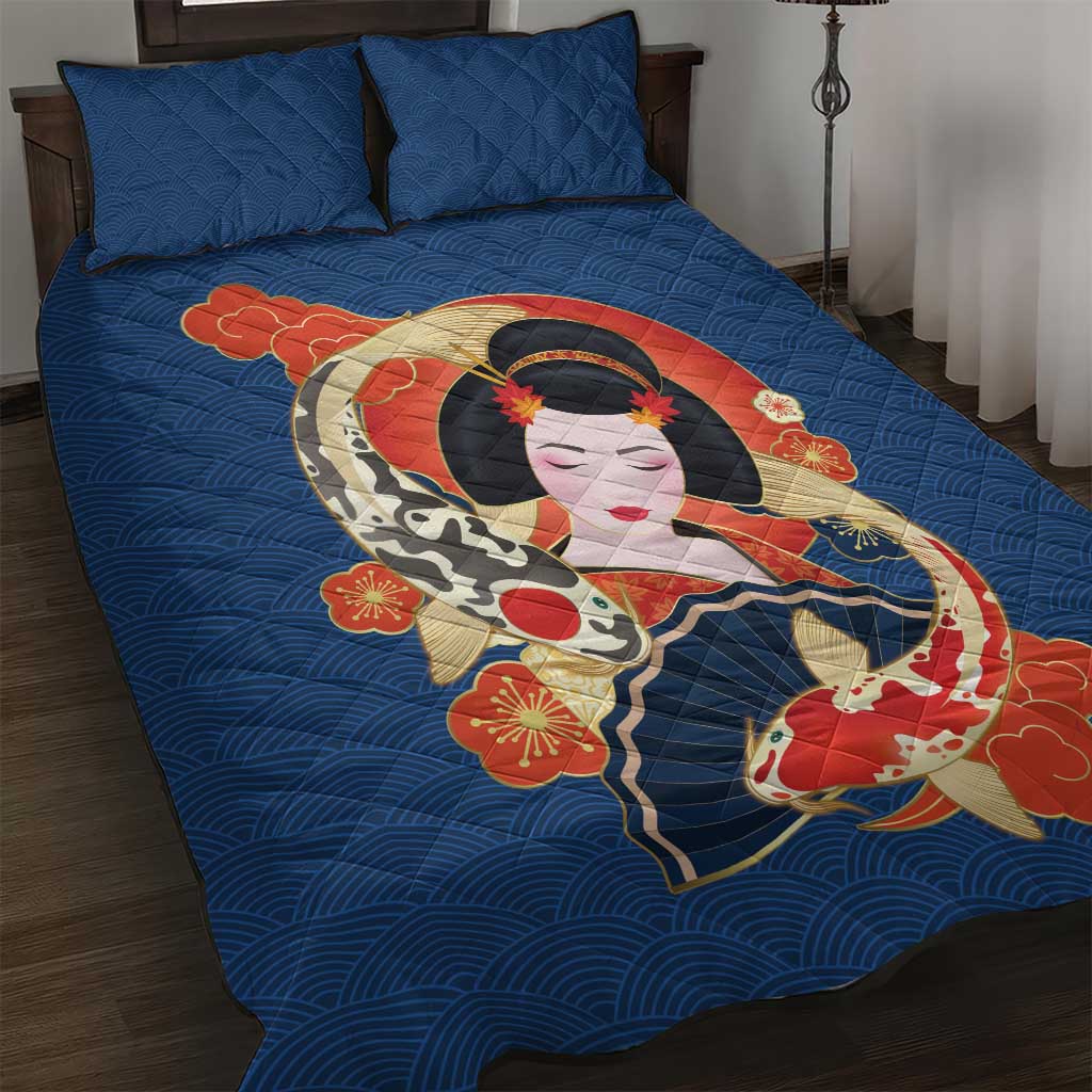 Japanese Geisha Koi Fish Quilt Bed Set Cherry Blossoms Blue Seigaiha Pattern - Polynesian Pride