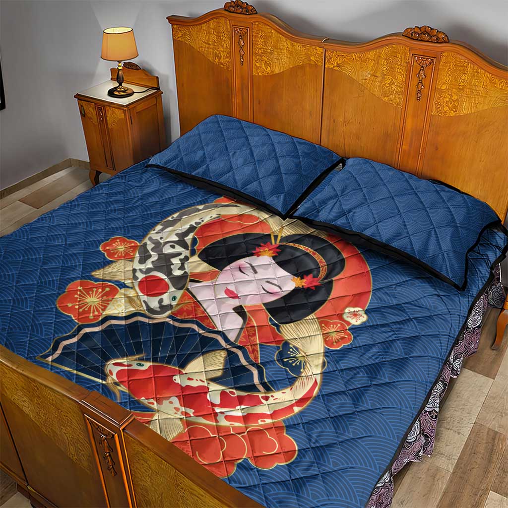 Japanese Geisha Koi Fish Quilt Bed Set Cherry Blossoms Blue Seigaiha Pattern - Polynesian Pride