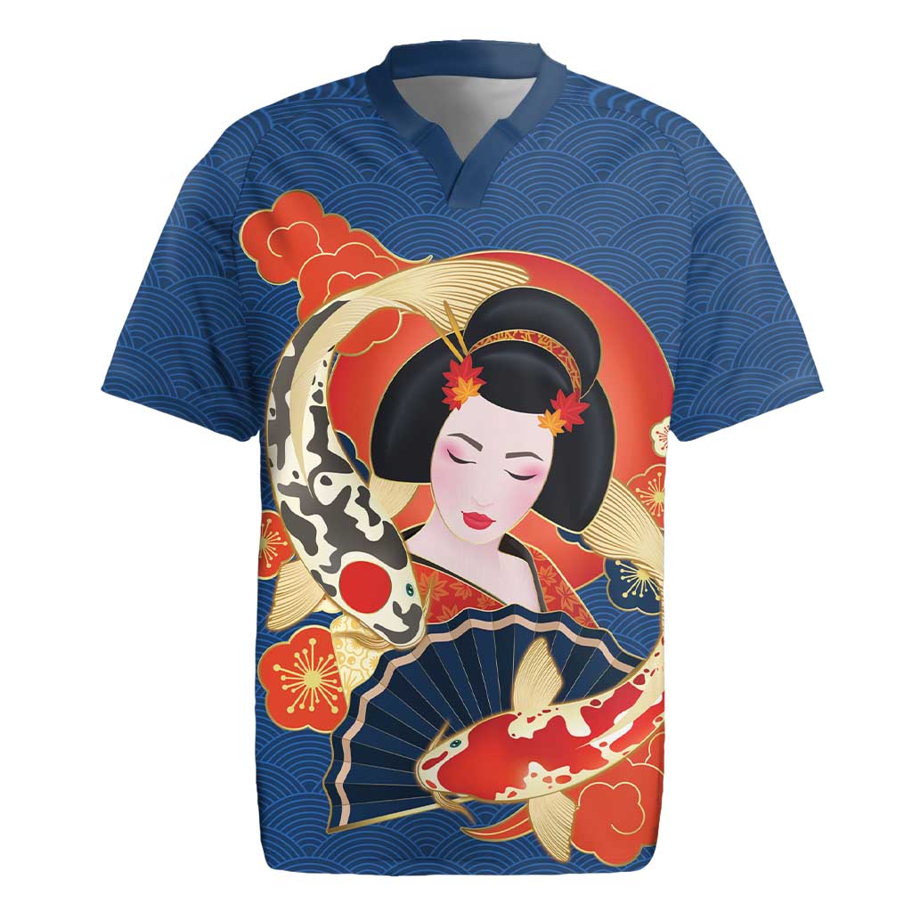 Japanese Geisha Koi Fish Rugby Jersey Cherry Blossoms Blue Seigaiha Pattern LT14 Blue - Polynesian Pride