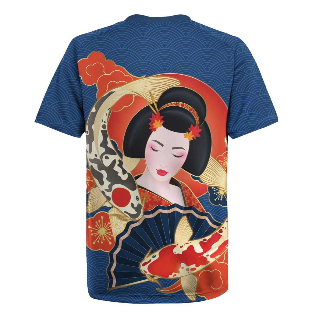 Japanese Geisha Koi Fish Rugby Jersey Cherry Blossoms Blue Seigaiha Pattern LT14 - Polynesian Pride