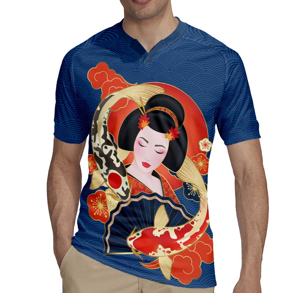 Japanese Geisha Koi Fish Rugby Jersey Cherry Blossoms Blue Seigaiha Pattern LT14 - Polynesian Pride