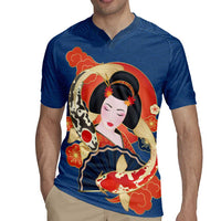 Japanese Geisha Koi Fish Rugby Jersey Cherry Blossoms Blue Seigaiha Pattern LT14 - Polynesian Pride