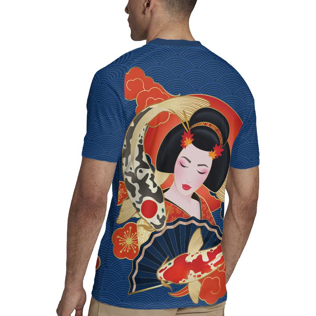 Japanese Geisha Koi Fish Rugby Jersey Cherry Blossoms Blue Seigaiha Pattern LT14 - Polynesian Pride