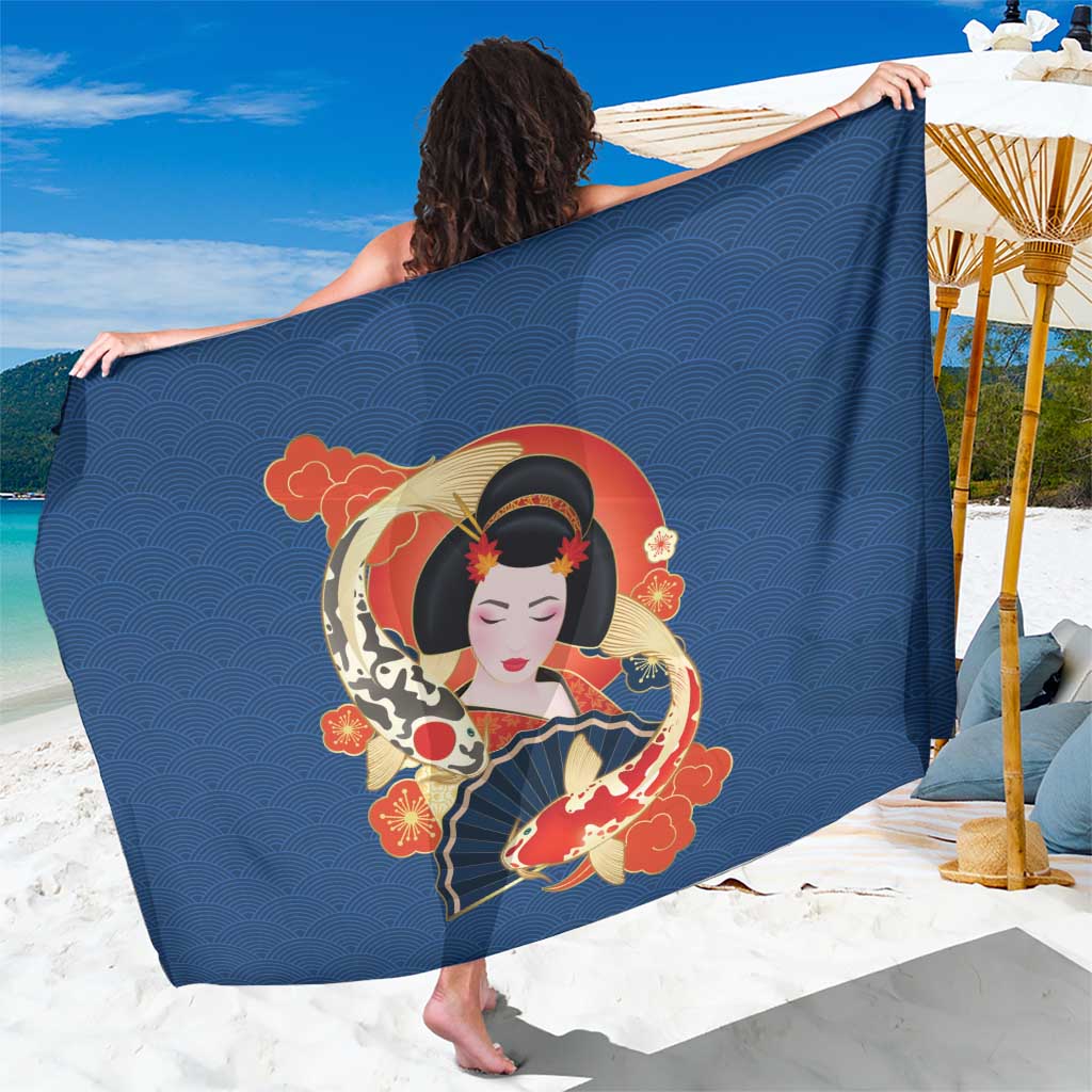 Japanese Geisha Koi Fish Sarong Cherry Blossoms Blue Seigaiha Pattern - Polynesian Pride