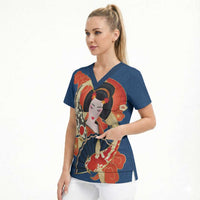 Japanese Geisha Koi Fish Scrub Top Cherry Blossoms Blue Seigaiha Pattern LT14 - Polynesian Pride