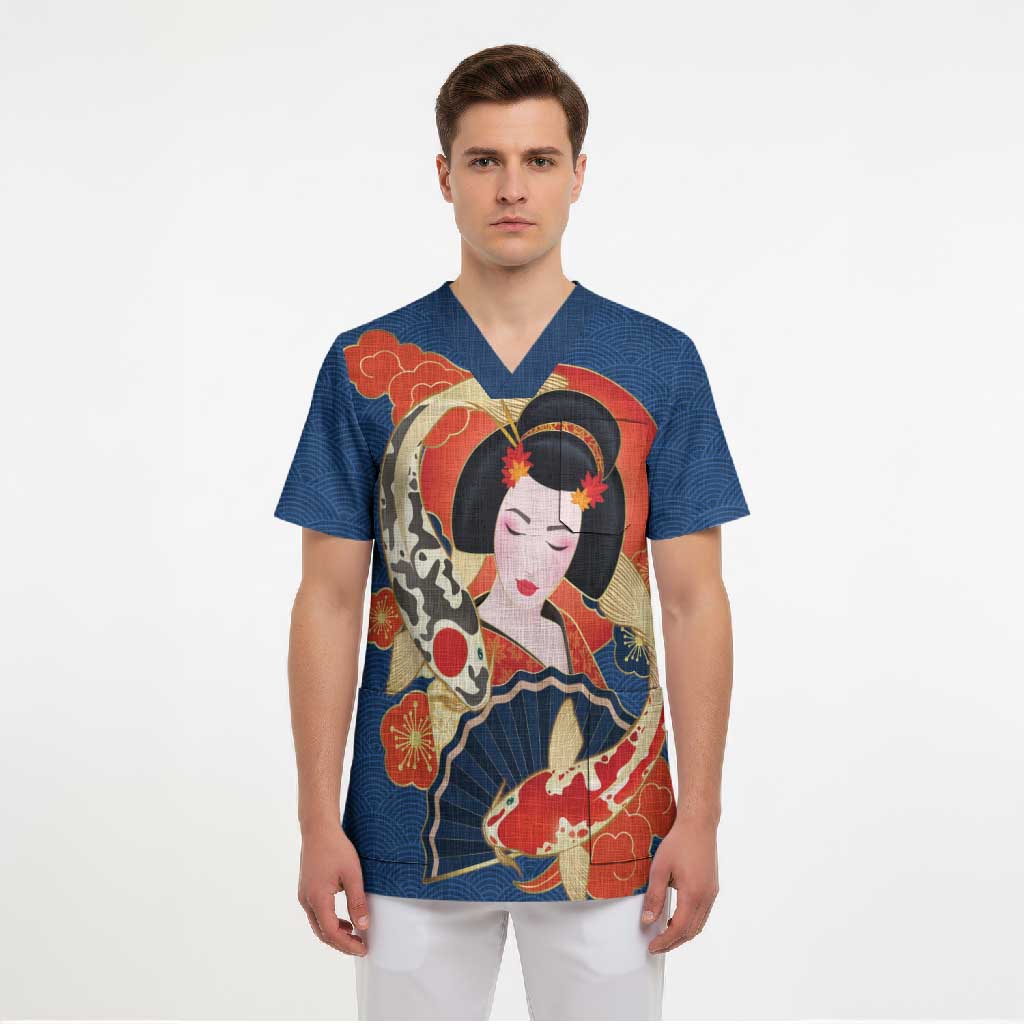 Japanese Geisha Koi Fish Scrub Top Cherry Blossoms Blue Seigaiha Pattern LT14 - Polynesian Pride