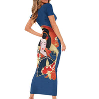 Japanese Geisha Koi Fish Short Sleeve Bodycon Dress Cherry Blossoms Blue Seigaiha Pattern LT14 - Polynesian Pride
