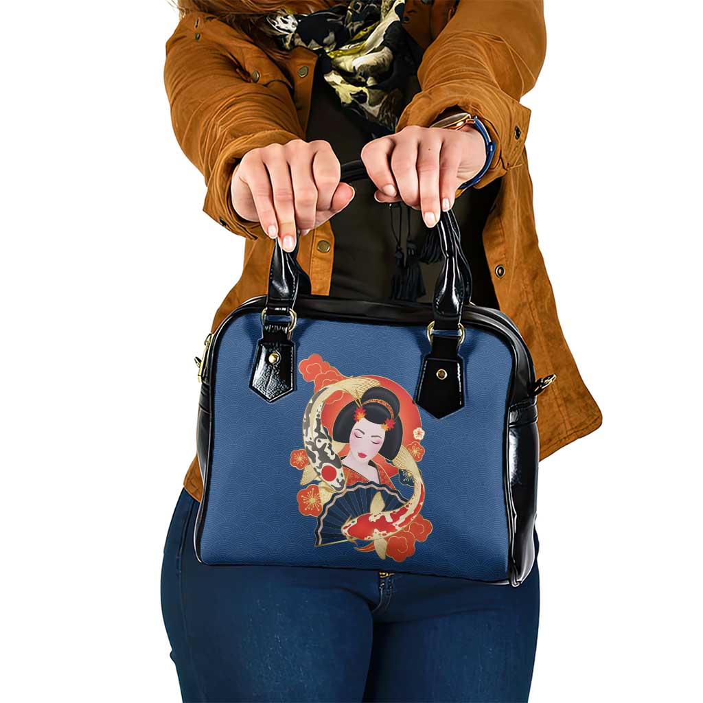 Japanese Geisha Koi Fish Shoulder Handbag Cherry Blossoms Blue Seigaiha Pattern LT14 One Size Blue - Polynesian Pride