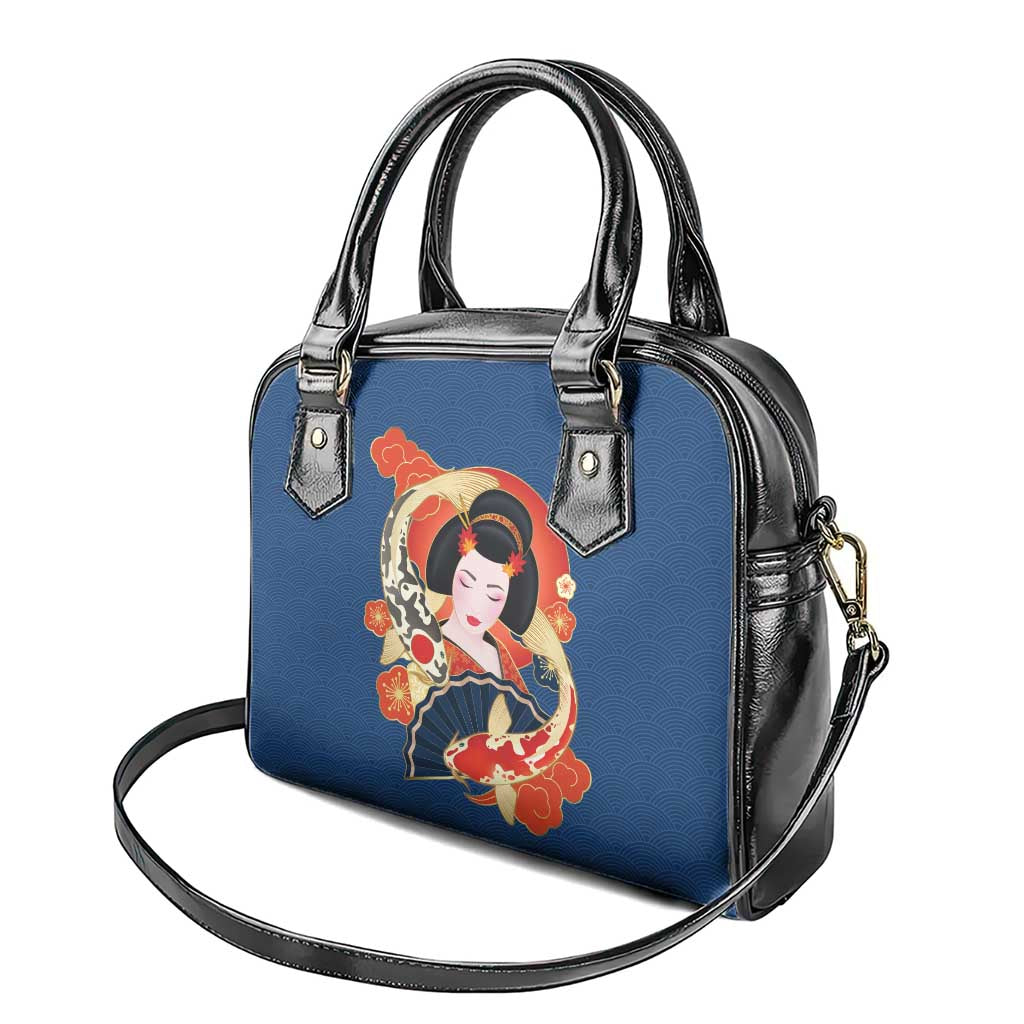 Japanese Geisha Koi Fish Shoulder Handbag Cherry Blossoms Blue Seigaiha Pattern LT14 - Polynesian Pride