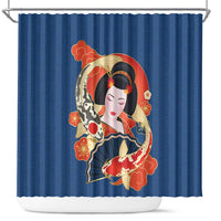 Japanese Geisha Koi Fish Shower Curtain Cherry Blossoms Blue Seigaiha Pattern LT14 Blue - Polynesian Pride