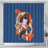 Japanese Geisha Koi Fish Shower Curtain Cherry Blossoms Blue Seigaiha Pattern LT14 - Polynesian Pride