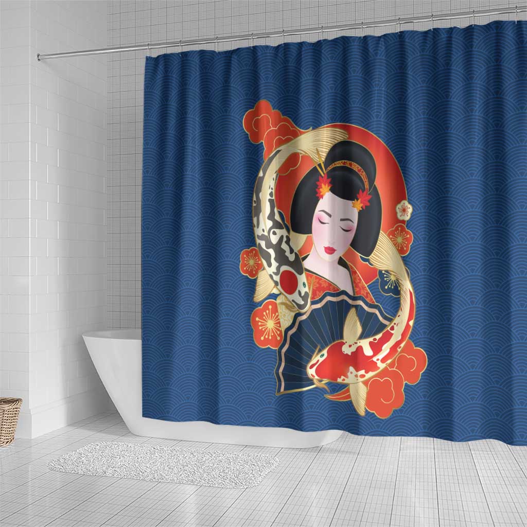 Japanese Geisha Koi Fish Shower Curtain Cherry Blossoms Blue Seigaiha Pattern LT14 - Polynesian Pride