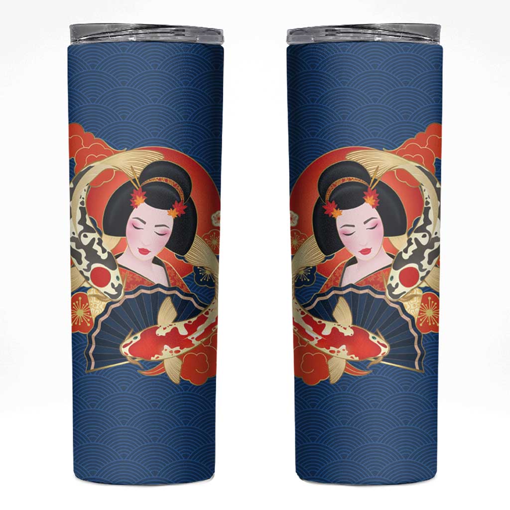 Japanese Geisha Koi Fish Skinny Tumbler Cherry Blossoms Blue Seigaiha Pattern LT14 Blue - Polynesian Pride