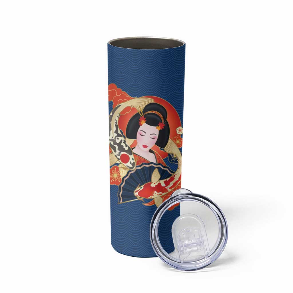 Japanese Geisha Koi Fish Skinny Tumbler Cherry Blossoms Blue Seigaiha Pattern LT14 - Polynesian Pride