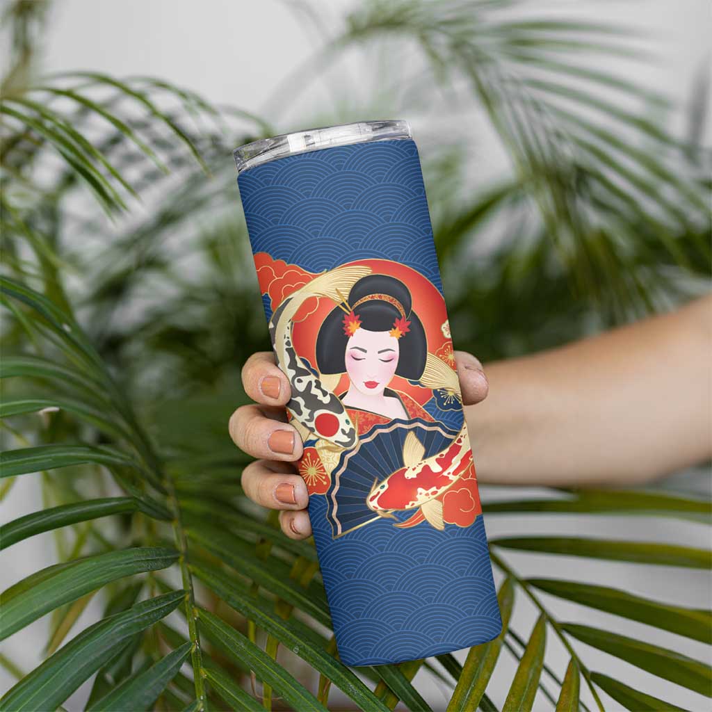 Japanese Geisha Koi Fish Skinny Tumbler Cherry Blossoms Blue Seigaiha Pattern LT14 - Polynesian Pride