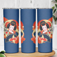 Japanese Geisha Koi Fish Skinny Tumbler Cherry Blossoms Blue Seigaiha Pattern LT14 - Polynesian Pride