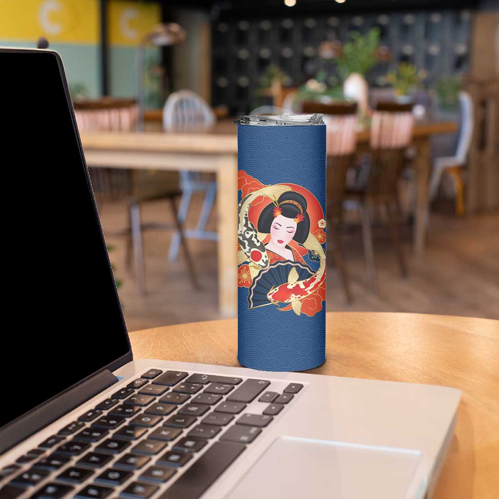 Japanese Geisha Koi Fish Skinny Tumbler Cherry Blossoms Blue Seigaiha Pattern LT14 - Polynesian Pride