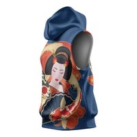 Japanese Geisha Koi Fish Sleeveless Hoodie Cherry Blossoms Blue Seigaiha Pattern LT14 - Polynesian Pride