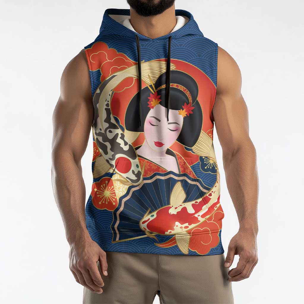 Japanese Geisha Koi Fish Sleeveless Hoodie Cherry Blossoms Blue Seigaiha Pattern LT14 - Polynesian Pride