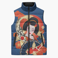 Japanese Geisha Koi Fish Sleeveless Puffer Jacket Cherry Blossoms Blue Seigaiha Pattern LT14 Unisex Blue - Polynesian Pride