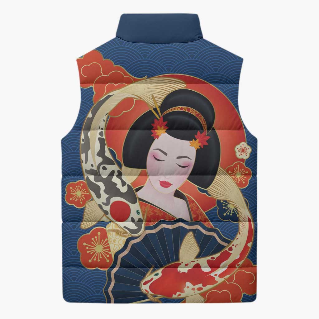 Japanese Geisha Koi Fish Sleeveless Puffer Jacket Cherry Blossoms Blue Seigaiha Pattern LT14 - Polynesian Pride
