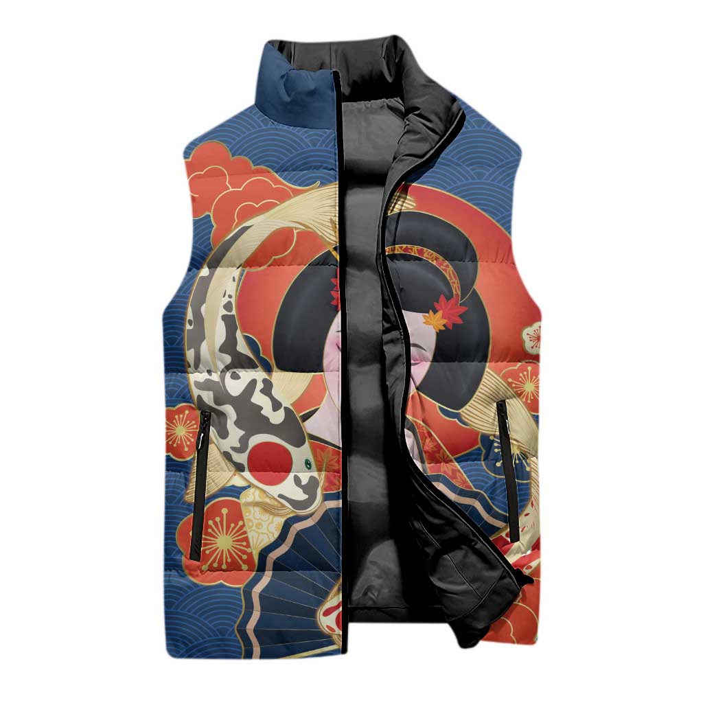 Japanese Geisha Koi Fish Sleeveless Puffer Jacket Cherry Blossoms Blue Seigaiha Pattern LT14 - Polynesian Pride