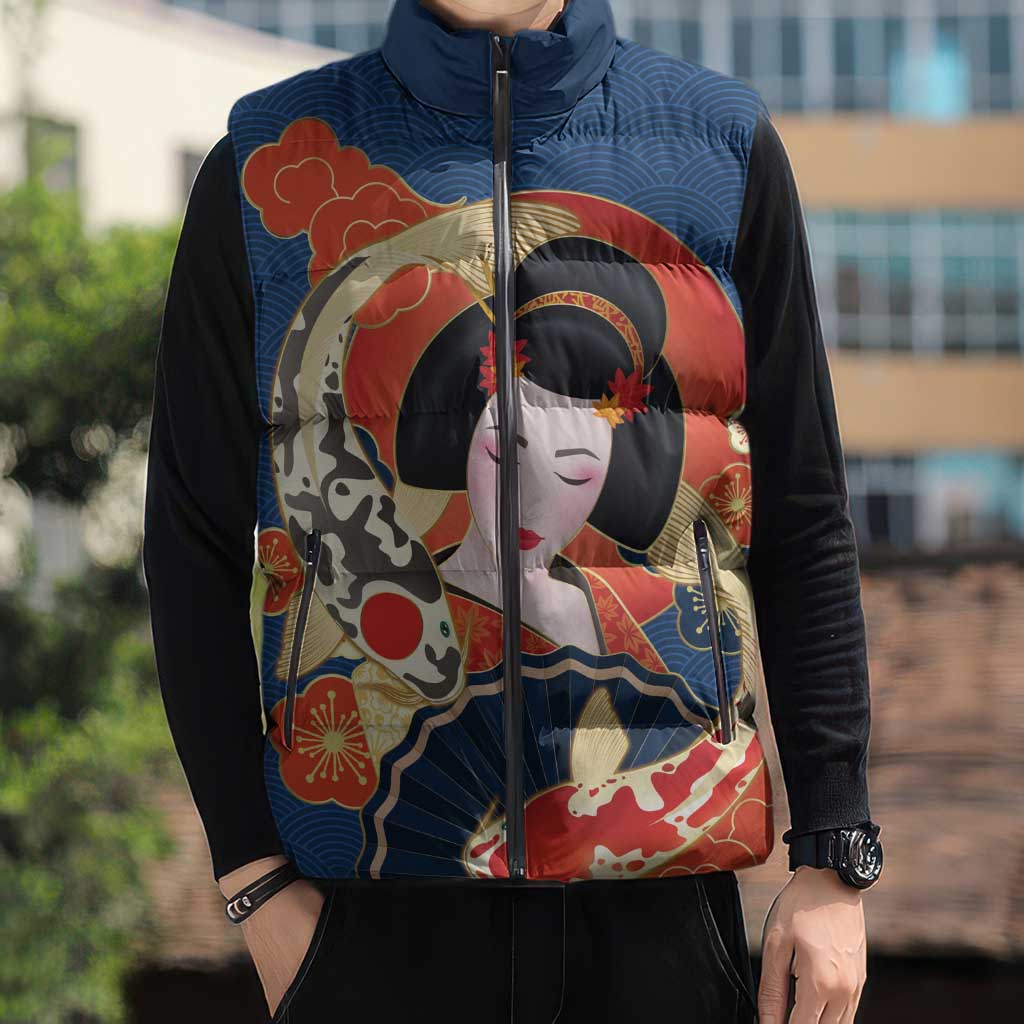 Japanese Geisha Koi Fish Sleeveless Puffer Jacket Cherry Blossoms Blue Seigaiha Pattern LT14 - Polynesian Pride