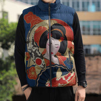 Japanese Geisha Koi Fish Sleeveless Puffer Jacket Cherry Blossoms Blue Seigaiha Pattern LT14 - Polynesian Pride