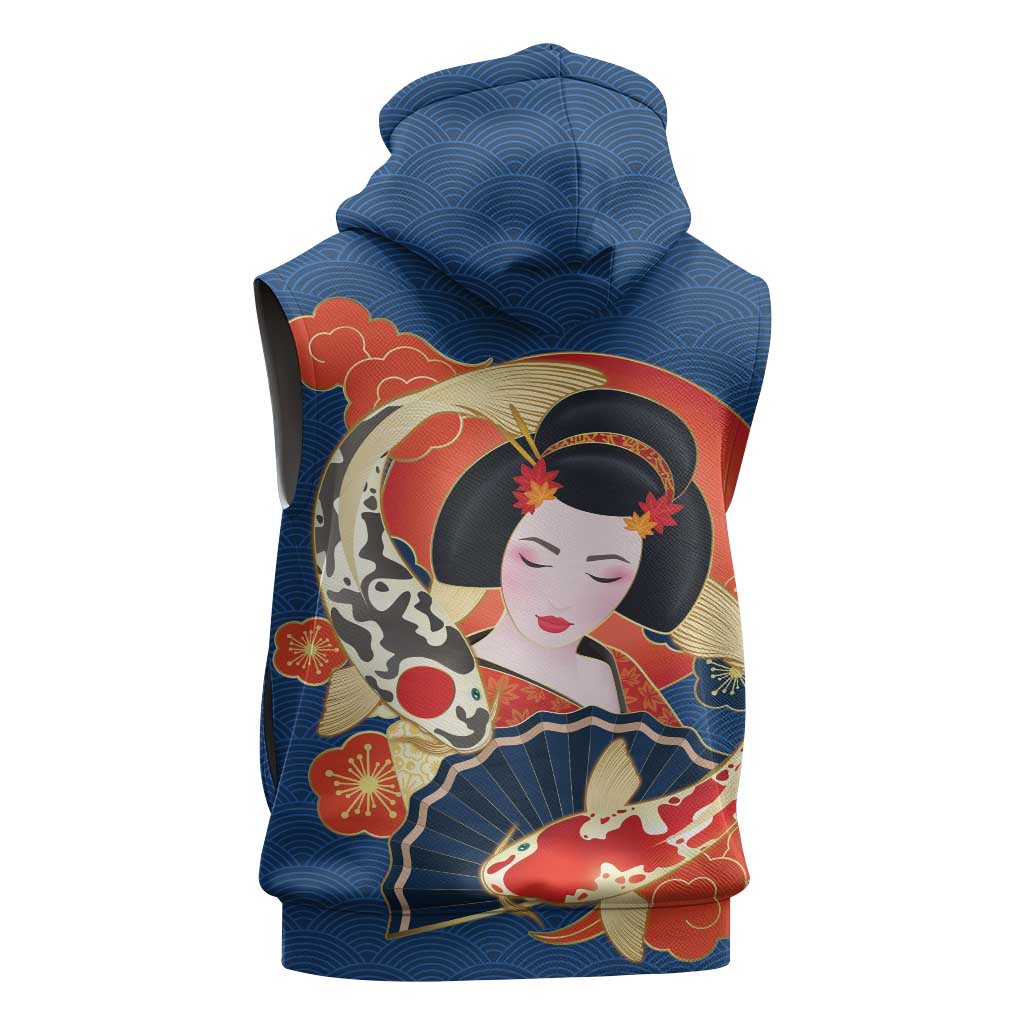 Japanese Geisha Koi Fish Sleeveless Zip Hoodie Cherry Blossoms Blue Seigaiha Pattern LT14 - Polynesian Pride