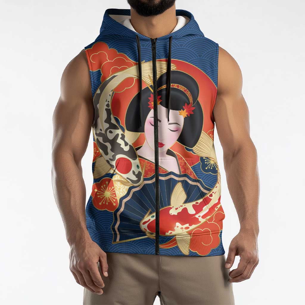 Japanese Geisha Koi Fish Sleeveless Zip Hoodie Cherry Blossoms Blue Seigaiha Pattern LT14 - Polynesian Pride