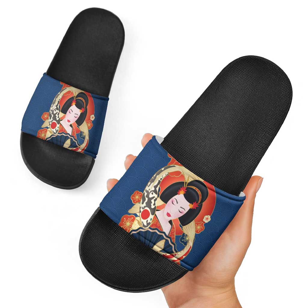 Japanese Geisha Koi Fish Slide Sandals Cherry Blossoms Blue Seigaiha Pattern LT14 - Polynesian Pride