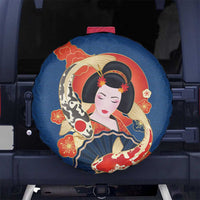 Japanese Geisha Koi Fish Spare Tire Cover Cherry Blossoms Blue Seigaiha Pattern LT14 No hole Blue - Polynesian Pride