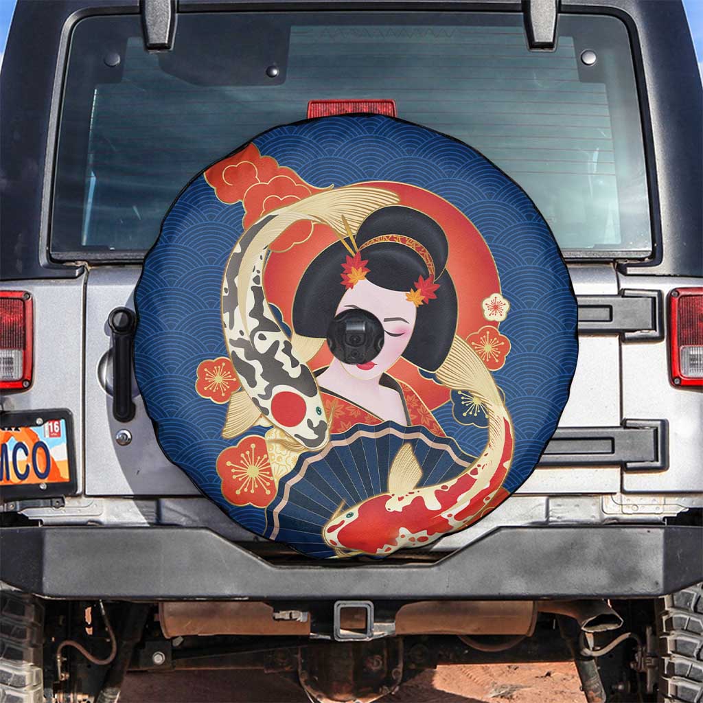 Japanese Geisha Koi Fish Spare Tire Cover Cherry Blossoms Blue Seigaiha Pattern LT14 Blue - Polynesian Pride