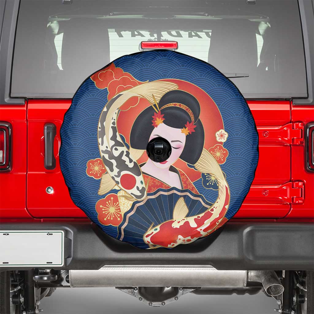 Japanese Geisha Koi Fish Spare Tire Cover Cherry Blossoms Blue Seigaiha Pattern LT14 - Polynesian Pride