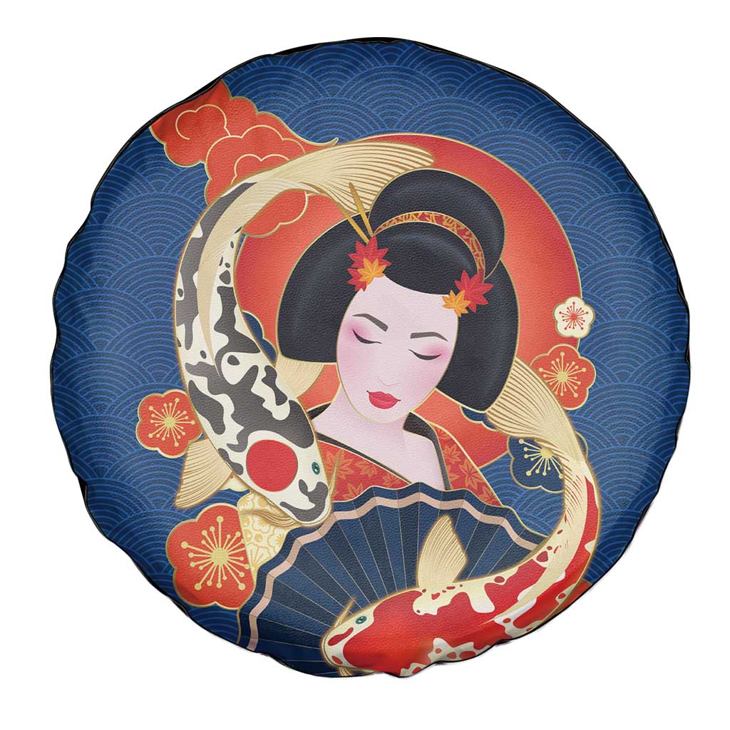 Japanese Geisha Koi Fish Spare Tire Cover Cherry Blossoms Blue Seigaiha Pattern LT14 - Polynesian Pride