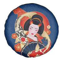 Japanese Geisha Koi Fish Spare Tire Cover Cherry Blossoms Blue Seigaiha Pattern LT14 - Polynesian Pride