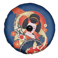 Japanese Geisha Koi Fish Spare Tire Cover Cherry Blossoms Blue Seigaiha Pattern LT14 - Polynesian Pride