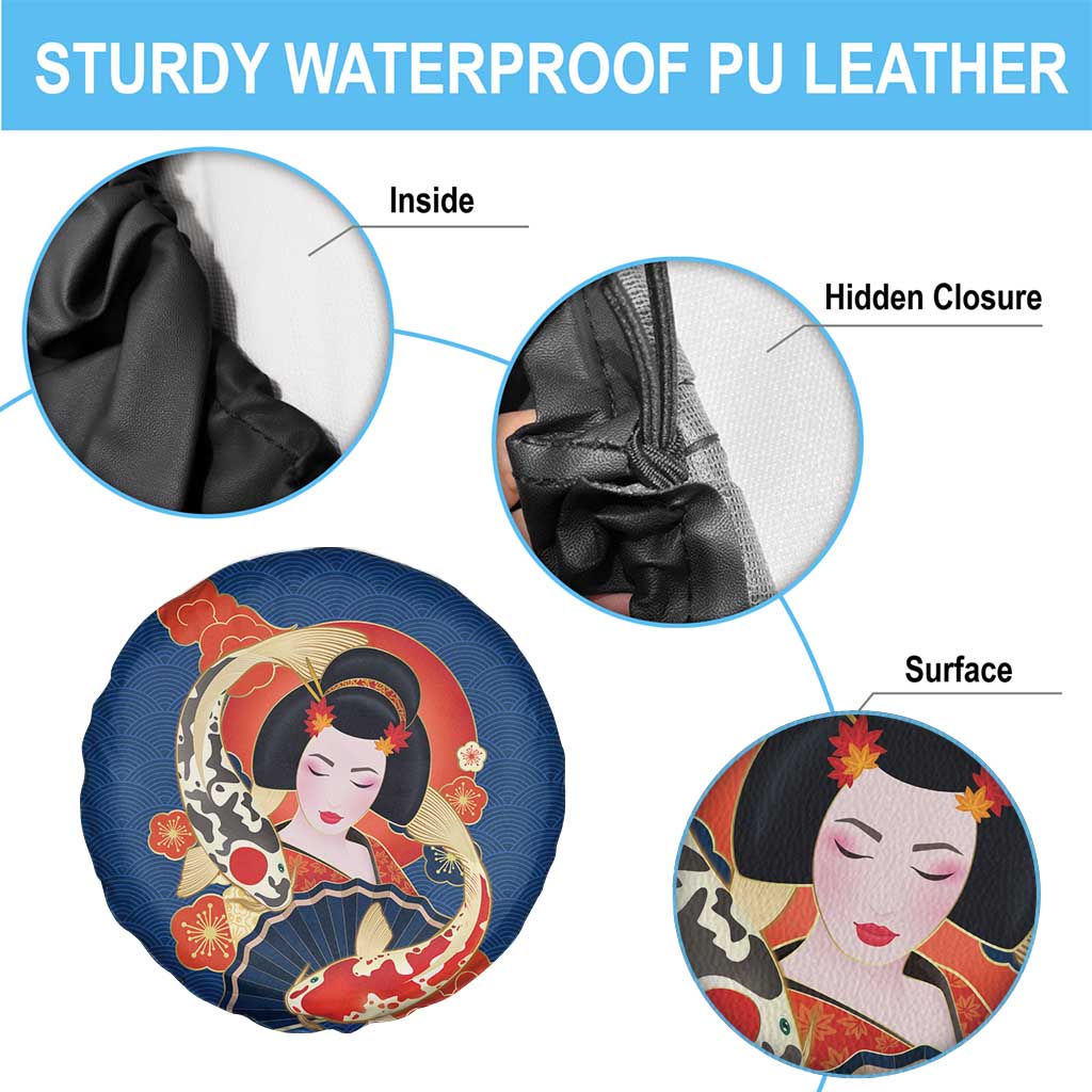 Japanese Geisha Koi Fish Spare Tire Cover Cherry Blossoms Blue Seigaiha Pattern LT14 - Polynesian Pride