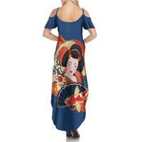 Japanese Geisha Koi Fish Summer Maxi Dress Cherry Blossoms Blue Seigaiha Pattern LT14 - Polynesian Pride