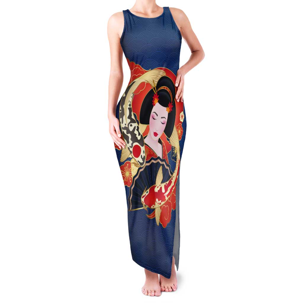 Japanese Geisha Koi Fish Tank Maxi Dress Cherry Blossoms Blue Seigaiha Pattern LT14 Women Blue - Polynesian Pride