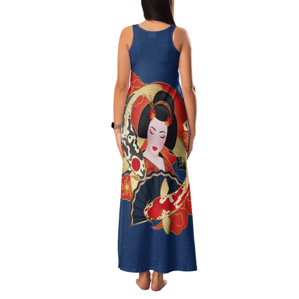 Japanese Geisha Koi Fish Tank Maxi Dress Cherry Blossoms Blue Seigaiha Pattern LT14 - Polynesian Pride