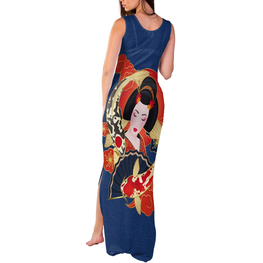 Japanese Geisha Koi Fish Tank Maxi Dress Cherry Blossoms Blue Seigaiha Pattern LT14 - Polynesian Pride