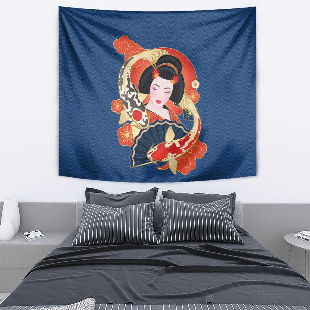 Japanese Geisha Koi Fish Tapestry Cherry Blossoms Blue Seigaiha Pattern LT14 - Polynesian Pride