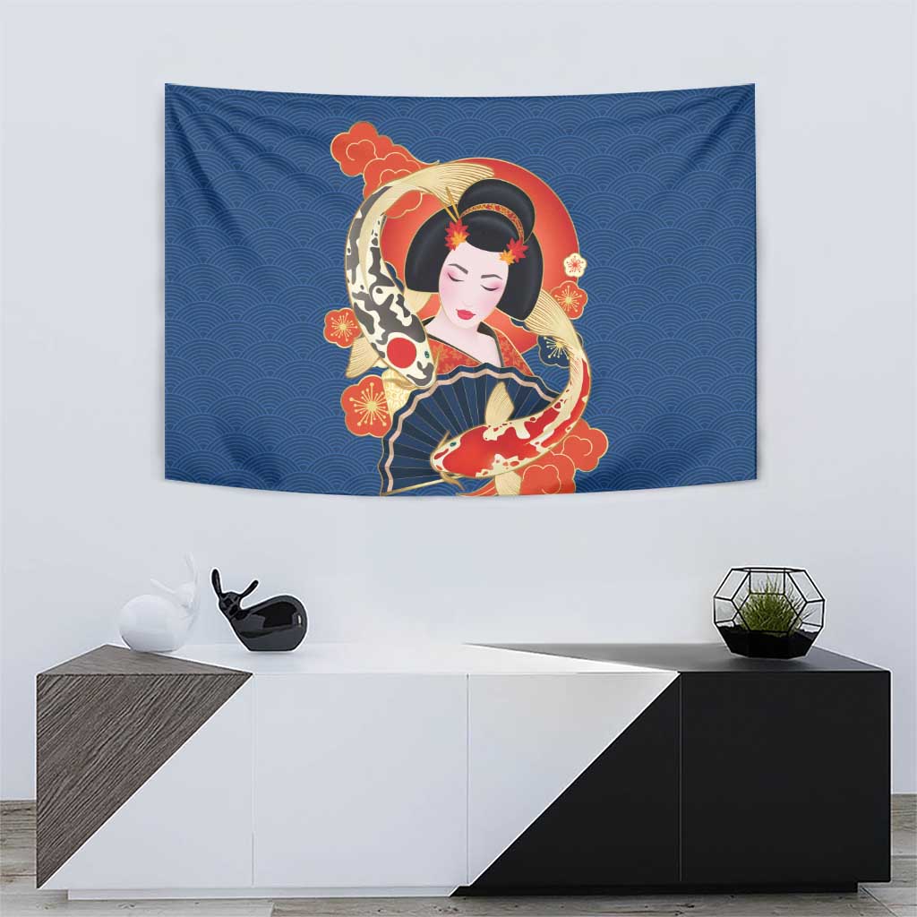 Japanese Geisha Koi Fish Tapestry Cherry Blossoms Blue Seigaiha Pattern LT14 - Polynesian Pride