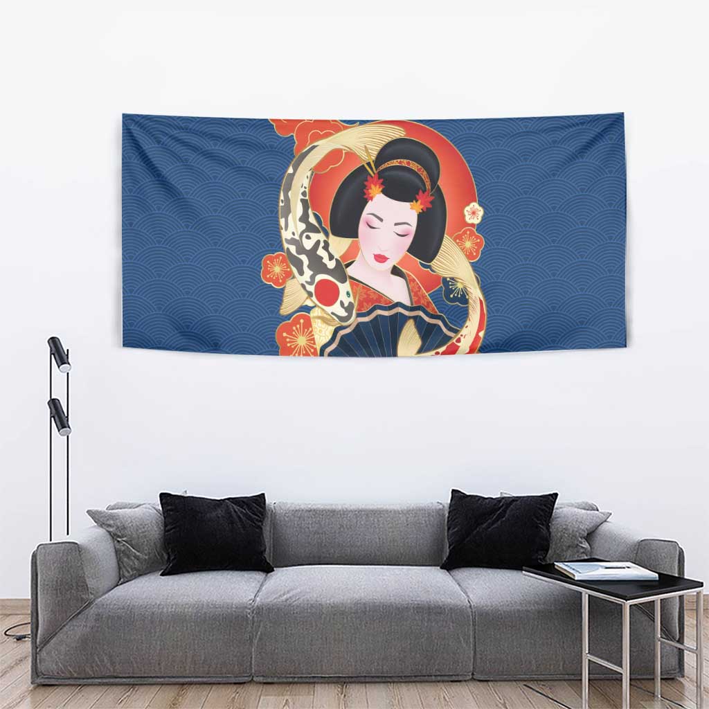 Japanese Geisha Koi Fish Tapestry Cherry Blossoms Blue Seigaiha Pattern LT14 - Polynesian Pride