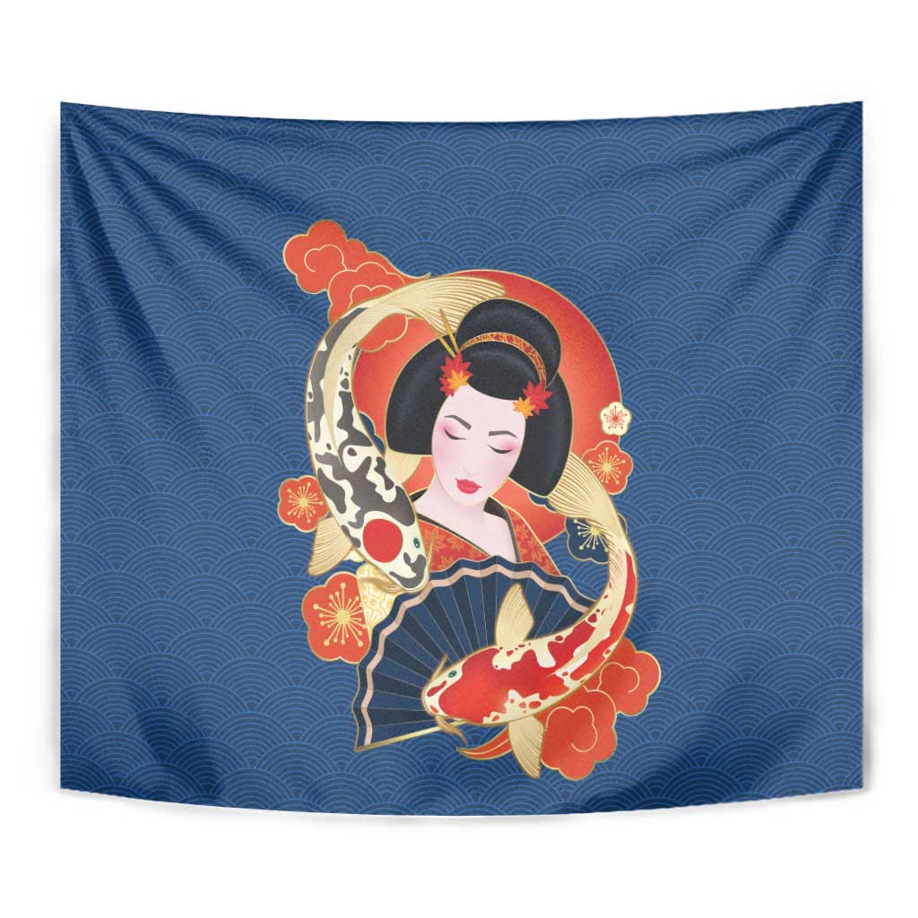 Japanese Geisha Koi Fish Tapestry Cherry Blossoms Blue Seigaiha Pattern LT14 - Polynesian Pride