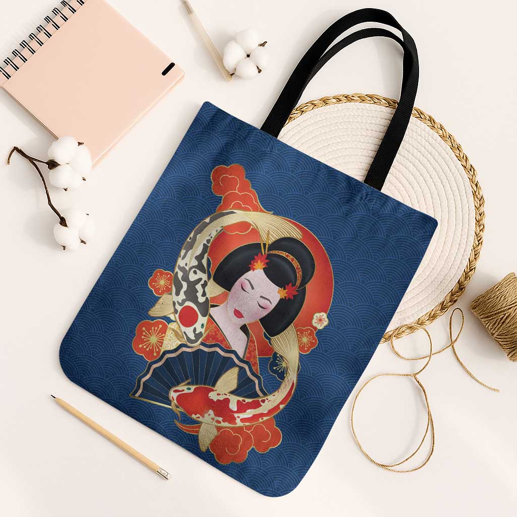 Japanese Geisha Koi Fish Tote Bag Cherry Blossoms Blue Seigaiha Pattern LT14 Black Strap One Size Blue - Polynesian Pride