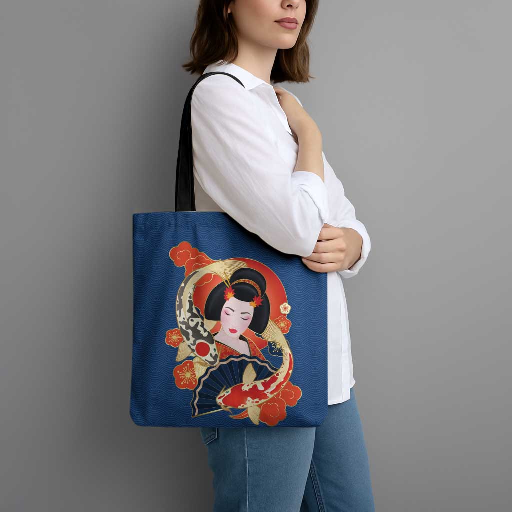 Japanese Geisha Koi Fish Tote Bag Cherry Blossoms Blue Seigaiha Pattern - Polynesian Pride