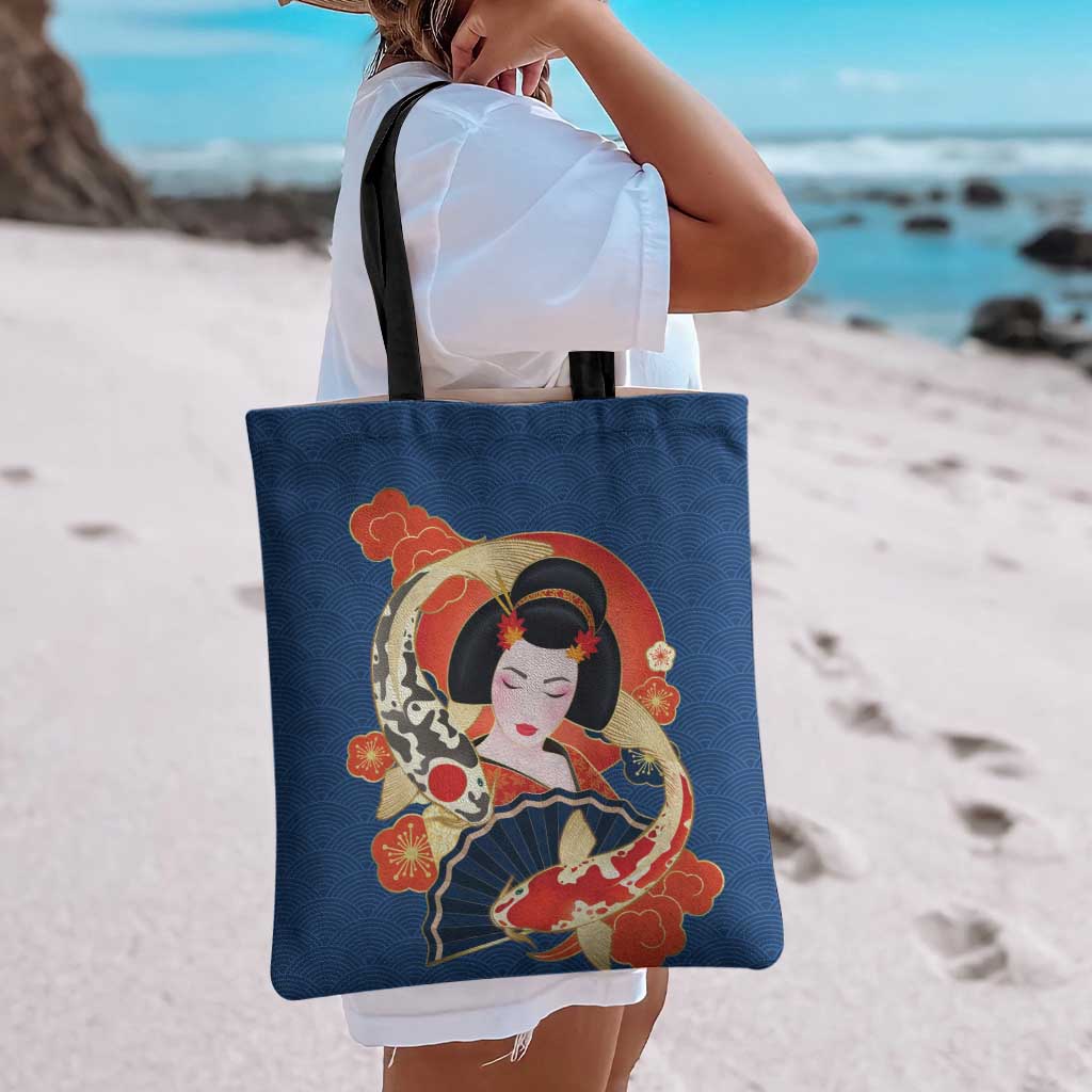 Japanese Geisha Koi Fish Tote Bag Cherry Blossoms Blue Seigaiha Pattern - Polynesian Pride